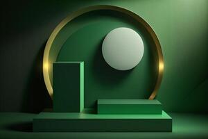 Geometric emerald rectangular display stage background template with round golden arch. . photo