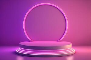 Neon light purple display podium background. Generative AI. photo