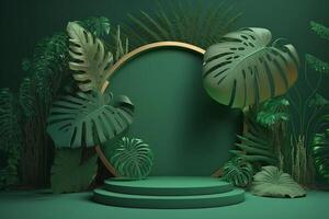 Green display podium with golden round arch and tropical plants decoration on green background. . photo