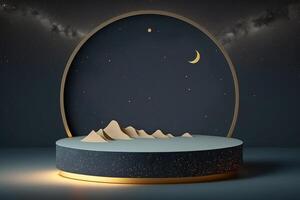 Illustration of display podium with mountains and starry sky arch background template. . photo