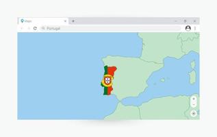 Browser window with map of Portugal, searching  Portugal in internet. vector