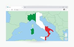 Browser window with map of Italy, searching  Italy in internet. vector
