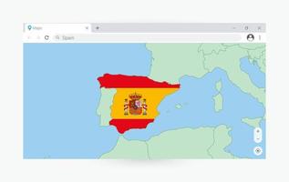 Browser window with map of Spain, searching  Spain in internet. vector