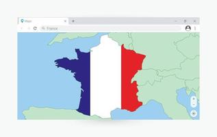 Browser window with map of France, searching  France in internet. vector