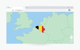 Browser window with map of Belgium, searching  Belgium in internet. vector