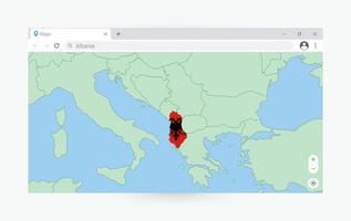 Browser window with map of Albania, searching  Albania in internet. vector