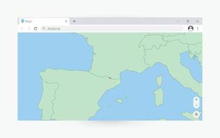 Browser window with map of Andorra, searching  Andorra in internet. vector