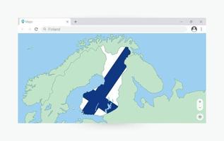 Browser window with map of Finland, searching  Finland in internet. vector