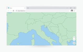 Browser window with map of San Marino, searching  San Marino in internet. vector