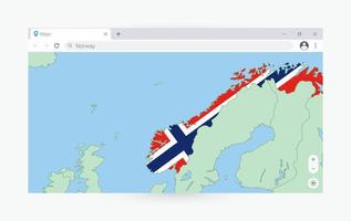 Browser window with map of Norway, searching  Norway in internet. vector