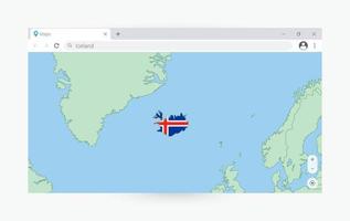 Browser window with map of Iceland, searching  Iceland in internet. vector