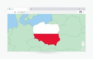 Browser window with map of Poland, searching  Poland in internet. vector