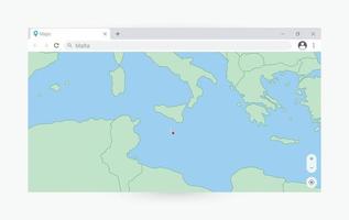 Browser window with map of Malta, searching  Malta in internet. vector