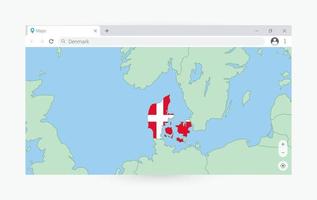 Browser window with map of Denmark, searching  Denmark in internet. vector