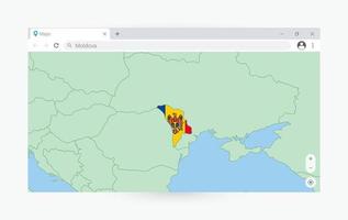 Browser window with map of Moldova, searching  Moldova in internet. vector