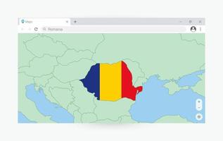 Browser window with map of Romania, searching  Romania in internet. vector