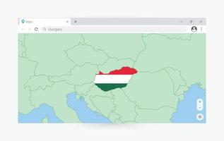 Browser window with map of Hungary, searching  Hungary in internet. vector