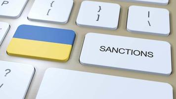 Ukraine auferlegt Sanktionen gegen etwas Land. Sanktionen auferlegt auf Ukraine. Tastatur Taste drücken. Politik Illustration 3d Animation