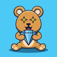 Cute Bear Character Holding Diamond Cartoon Vector Illustration