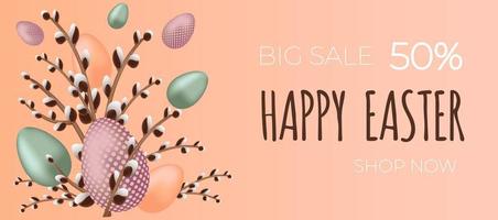 Happy easter sale banner. Willow branch with the easter eggs on pink background. Can be add text. vector