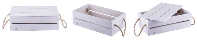 Three white wooden crates. A step of three boxes open half open and closed. photo