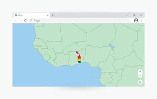 Browser window with map of Togo, searching  Togo in internet. vector