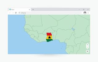 Browser window with map of Ghana, searching  Ghana in internet. vector