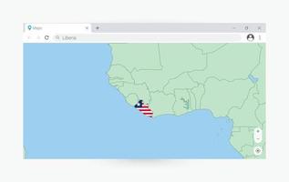 Browser window with map of Liberia, searching  Liberia in internet. vector