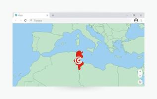 Browser window with map of Tunisia, searching  Tunisia in internet. vector