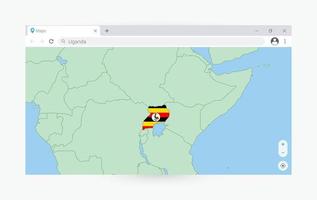 Browser window with map of Uganda, searching  Uganda in internet. vector