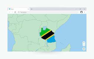 Browser window with map of Tanzania, searching  Tanzania in internet. vector