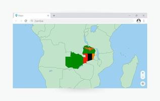 Browser window with map of Zambia, searching  Zambia in internet. vector