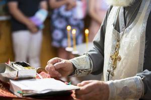 Orthodox religion. Hands of the priest against the background of the cross and candles. photo