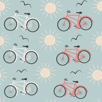 cute cartoon abstract red and white bicycle seamless vector pattern background illustration with sun and birds silhouette