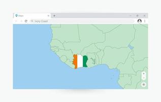 Browser window with map of Ivory Coast, searching  Ivory Coast in internet. vector