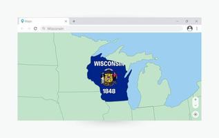 Browser window with map of Wisconsin, searching  Wisconsin in internet. vector