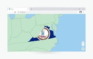 Browser window with map of Virginia, searching  Virginia in internet. vector