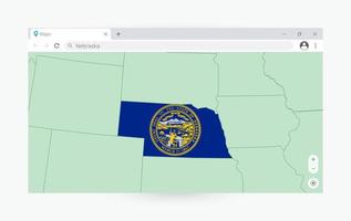 Browser window with map of Nebraska, searching  Nebraska in internet. vector