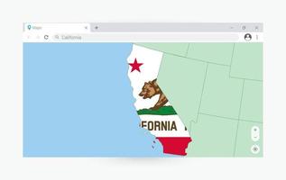 Browser window with map of California, searching  California in internet. vector