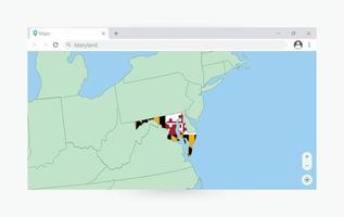 Browser window with map of Maryland, searching  Maryland in internet. vector