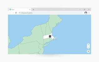 Browser window with map of Massachusetts, searching  Massachusetts in internet. vector