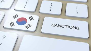 Süd Korea auferlegt Sanktionen gegen etwas Land. Sanktionen auferlegt auf Süd Korea. Tastatur Taste drücken. Politik Illustration 3d Animation