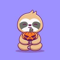 Cute Sloth Hug Pumpkin Halloween Cartoon Vector Icon Illustration. Animal Holiday Icon Concept Isolated Premium Vector. Flat Cartoon Style