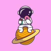 Cute Astronaut Eating Doughnut And Holding Coffee Cup On Planet Cartoon Vector Icon Illustration. Science Food Icon Concept Isolated Premium Vector. Flat Cartoon Style