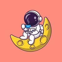 Cute Astronaut Drinking Coffee On The Moon Cartoon Vector Icon Illustration. Science Food Icon Concept Isolated Premium Vector. Flat Cartoon Style