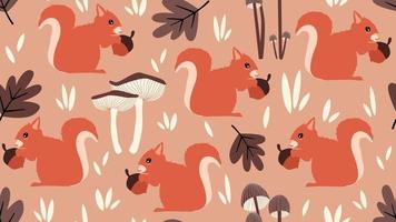 cute seamless pattern with squirrel, mushrooms and leaves vector