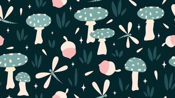 cute seamless vector pattern background illustration with mushrooms, dragonfly, grass, acorns and stars