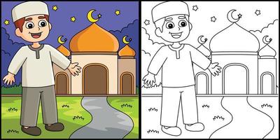 Ramadán musulmán chico en frente de mezquita Ilustracion vector