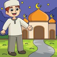 Ramadán musulmán chico en frente de mezquita de colores vector