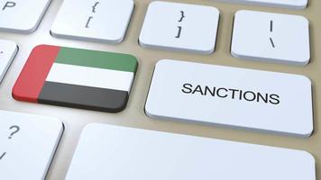 VAE auferlegt Sanktionen gegen etwas Land. Sanktionen auferlegt auf vereinigt arabisch Emirate. Tastatur Taste drücken. Politik Illustration 3d Animation